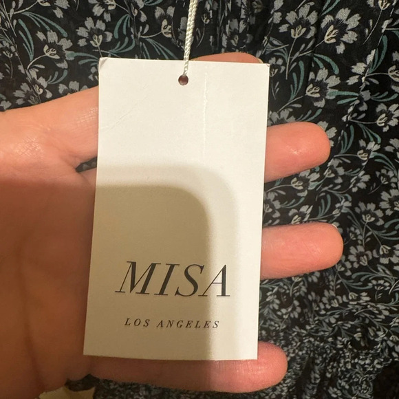 MISA Los Angeles Black Floral Mini Dress Split Neck Blouson Tiered Ruffle Sz M - Picture 5 of 14